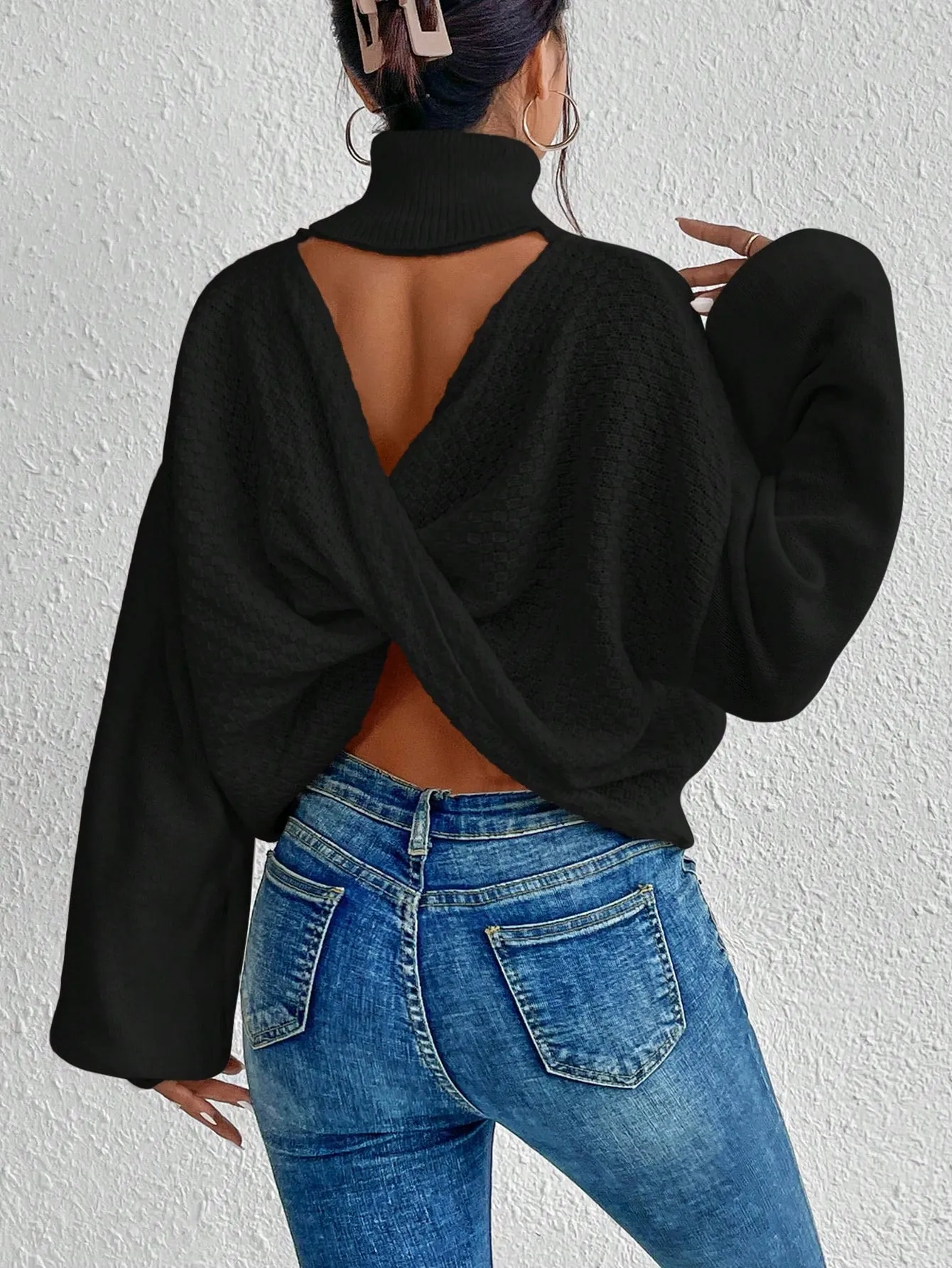 Turtleneck Twist Back Drop Shoulder Sweater