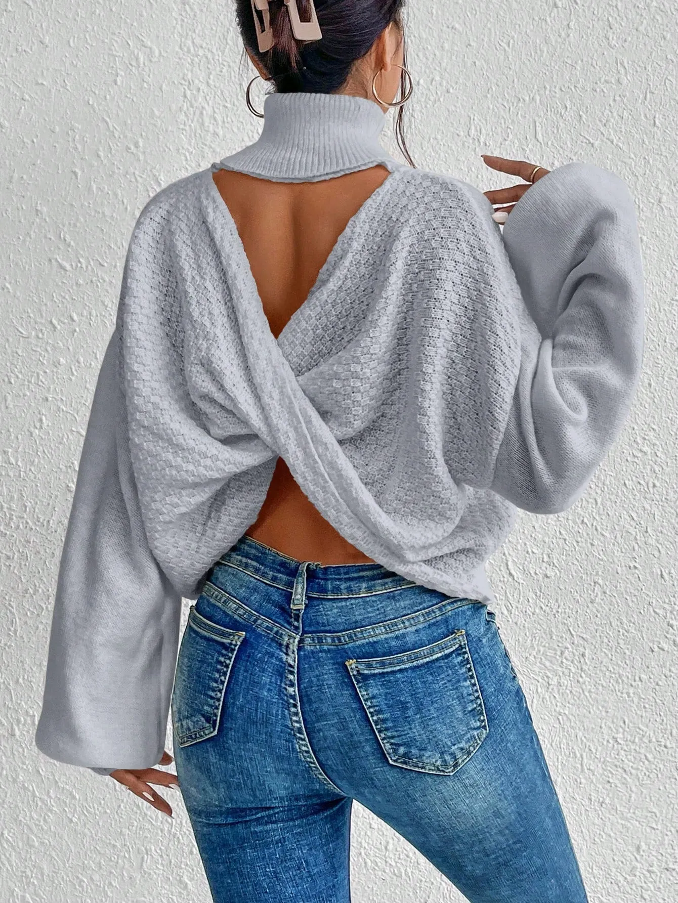 Turtleneck Twist Back Drop Shoulder Sweater