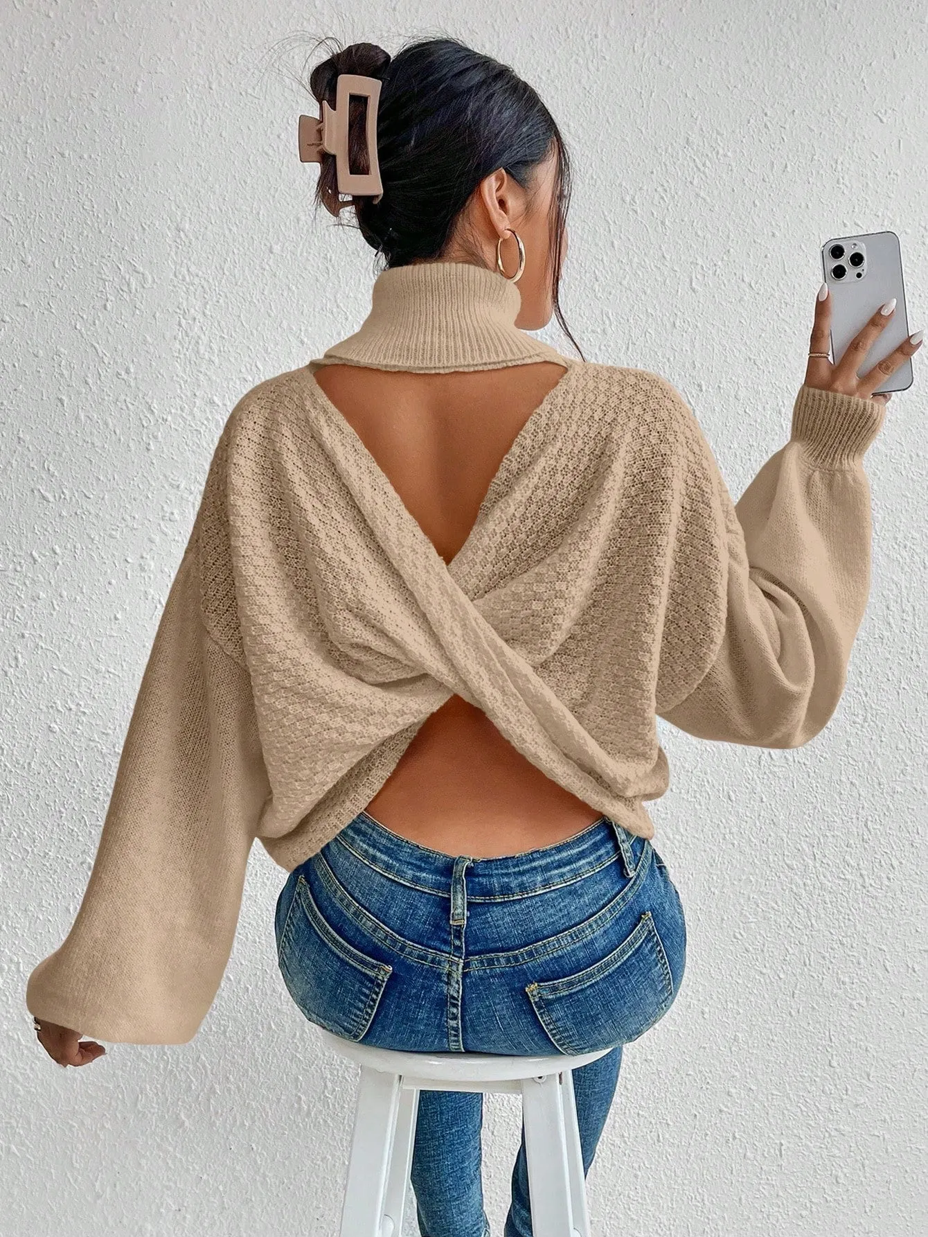 Turtleneck Twist Back Drop Shoulder Sweater