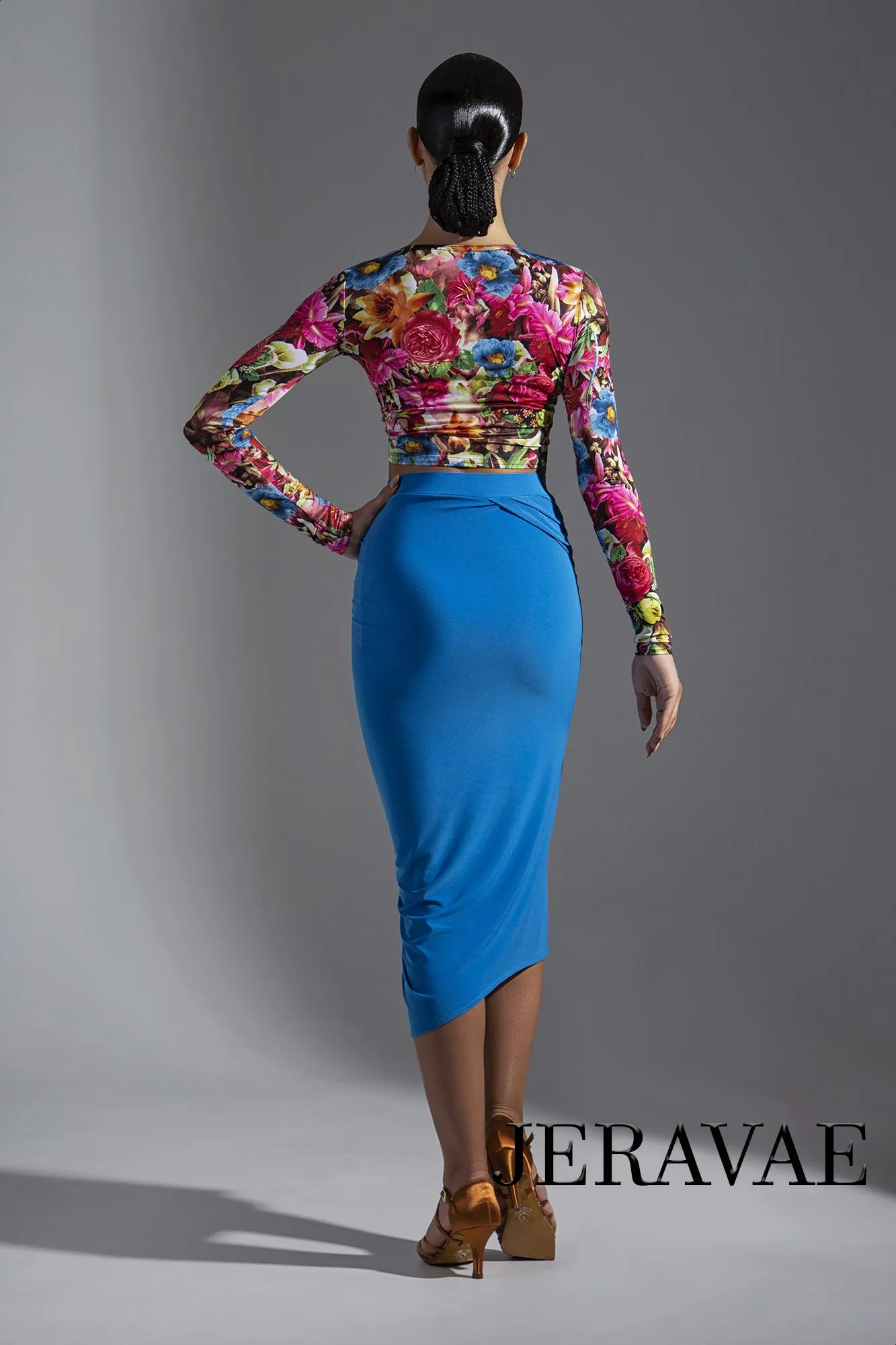 Unique Latin Practice Skirt with Gathered Detail and Slit Available in Blue and Black PRA 587