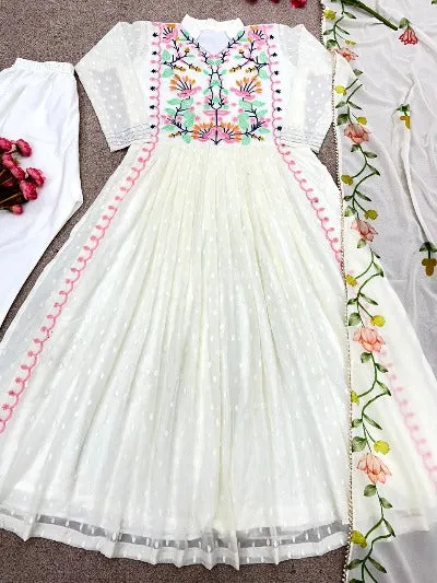 White Georgette Naira Cut Designer Anarkali Suit Set