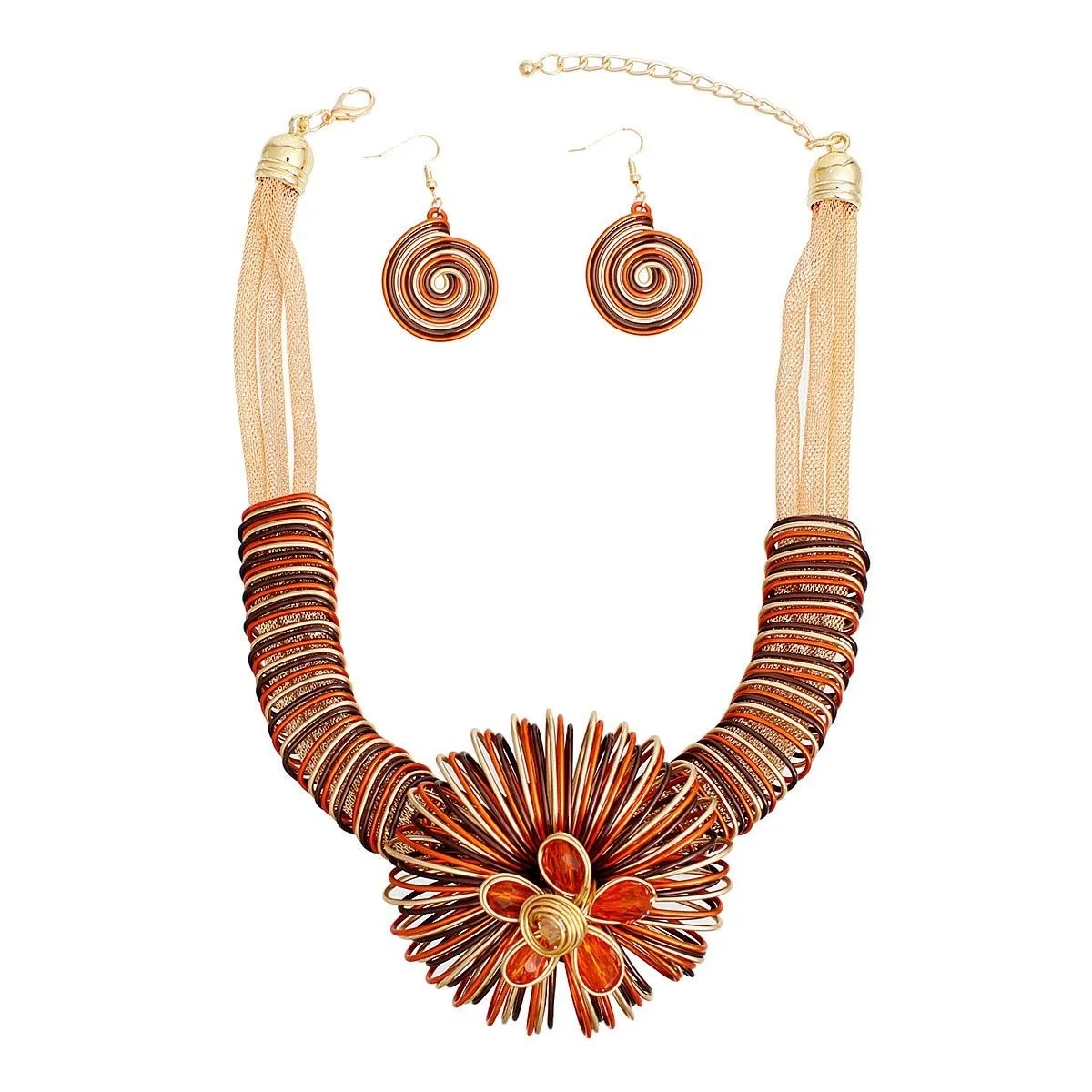 Wire Flower Necklace Set - Orange