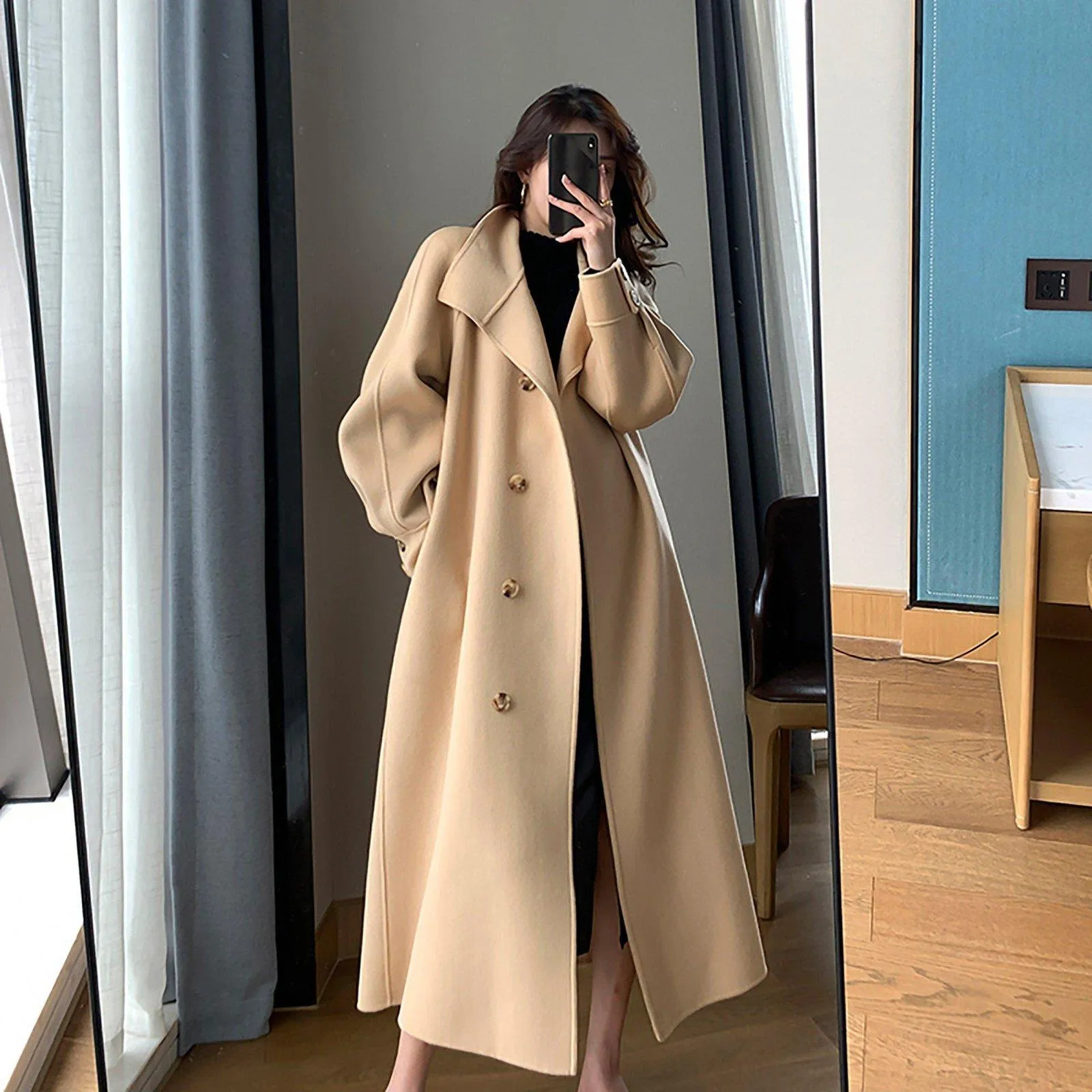 Women Camel Wool Long coat,Grey White Wool Coat,Double Face Wool Coat,Beige Wool Coat,Wool Overcoat,Winter Coat Women,Loose Long Wool Coat