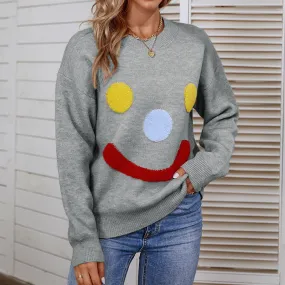 Women Sweaters Kniting Round Collar Pullover Clown Smiling Face Long Sleeve